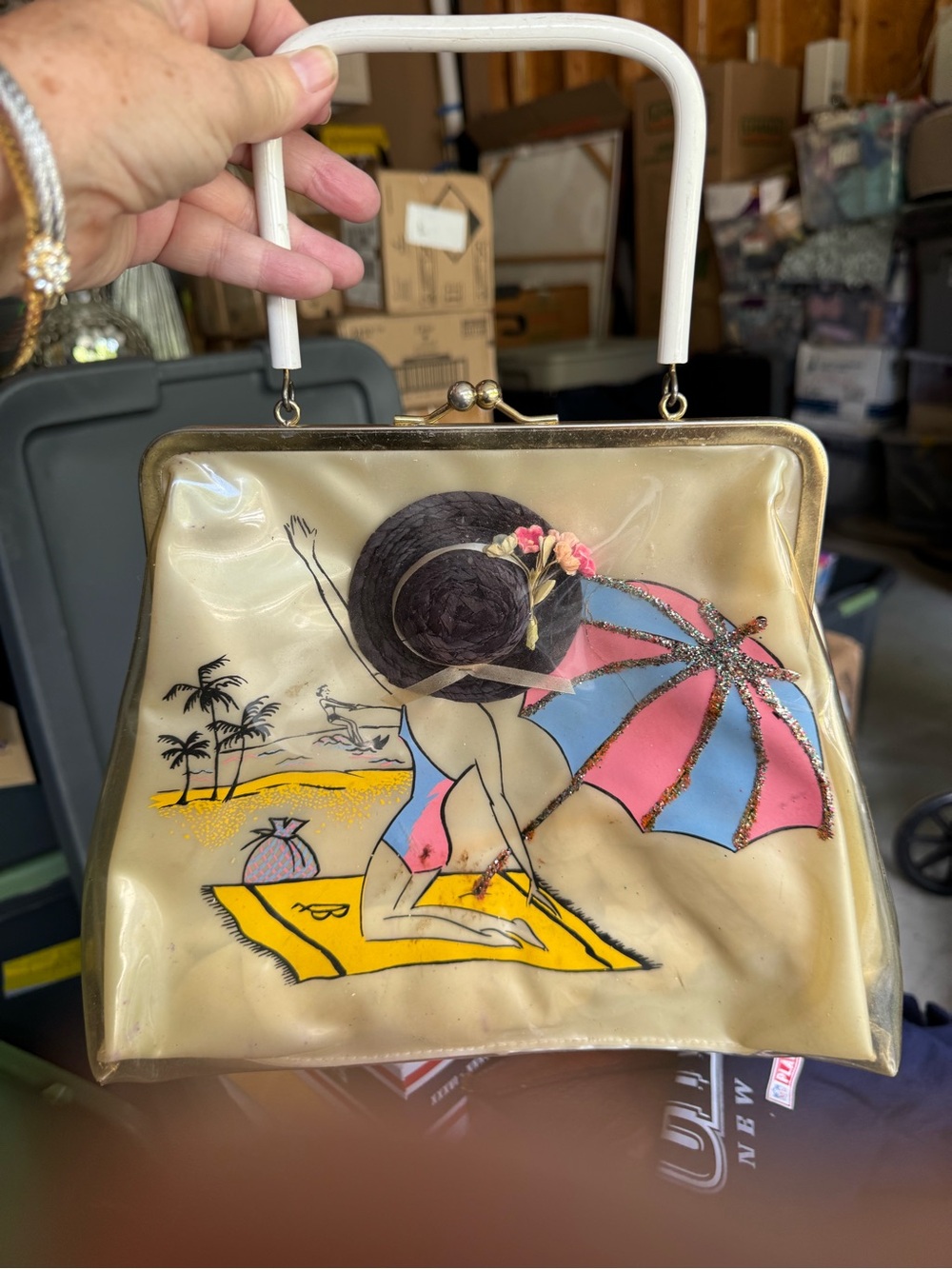 Vintage-Inspired Cream Beach Scene Top-Handle Bag
